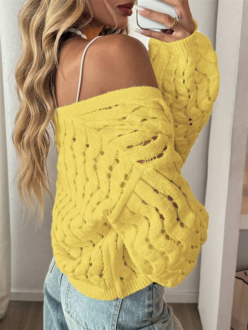 Hollowed-out button solid-color knitted coat