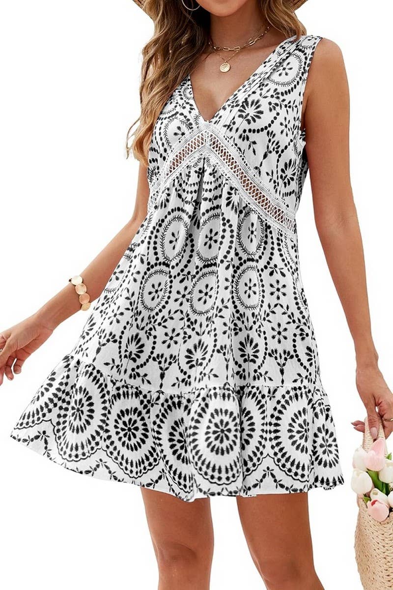 CWDSD8695_PRINTED EYELET LACE V-NECK SLEEVELESS DRESS