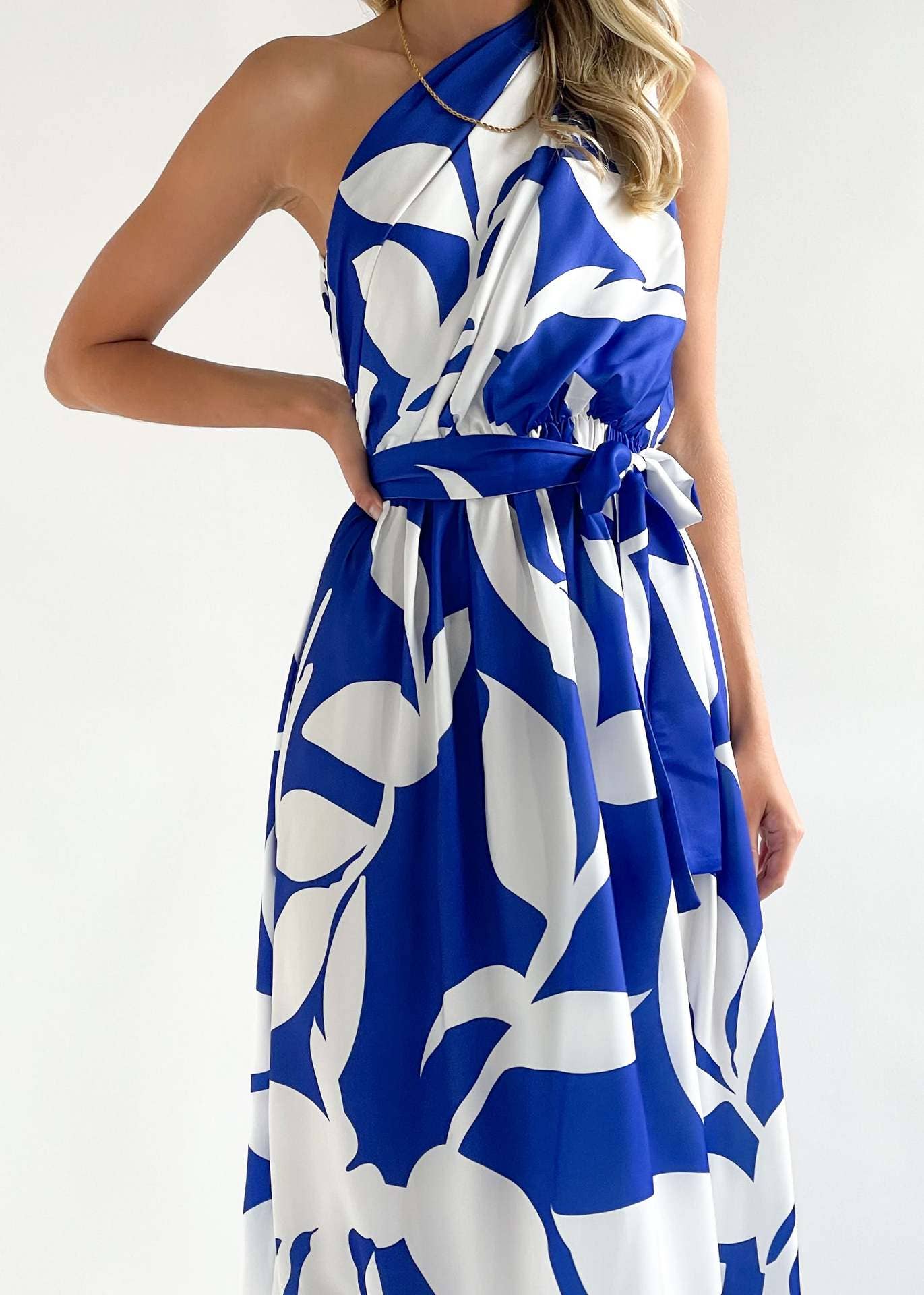 SEXY WAISTLINE PRINT SKEW COLLAR TUNIC DRESS