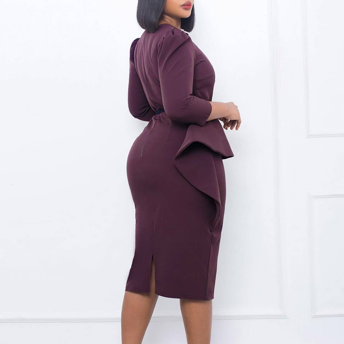 RUFFLED RETRO V-NECK HIP-HUGGING PENCIL DRESS