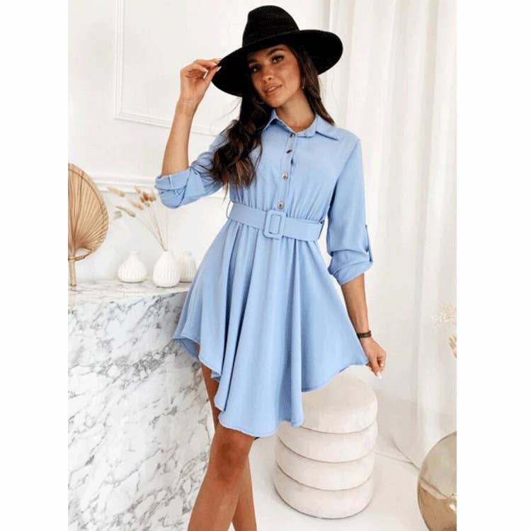 Rolled-up sleeves cinched waist shirt dress