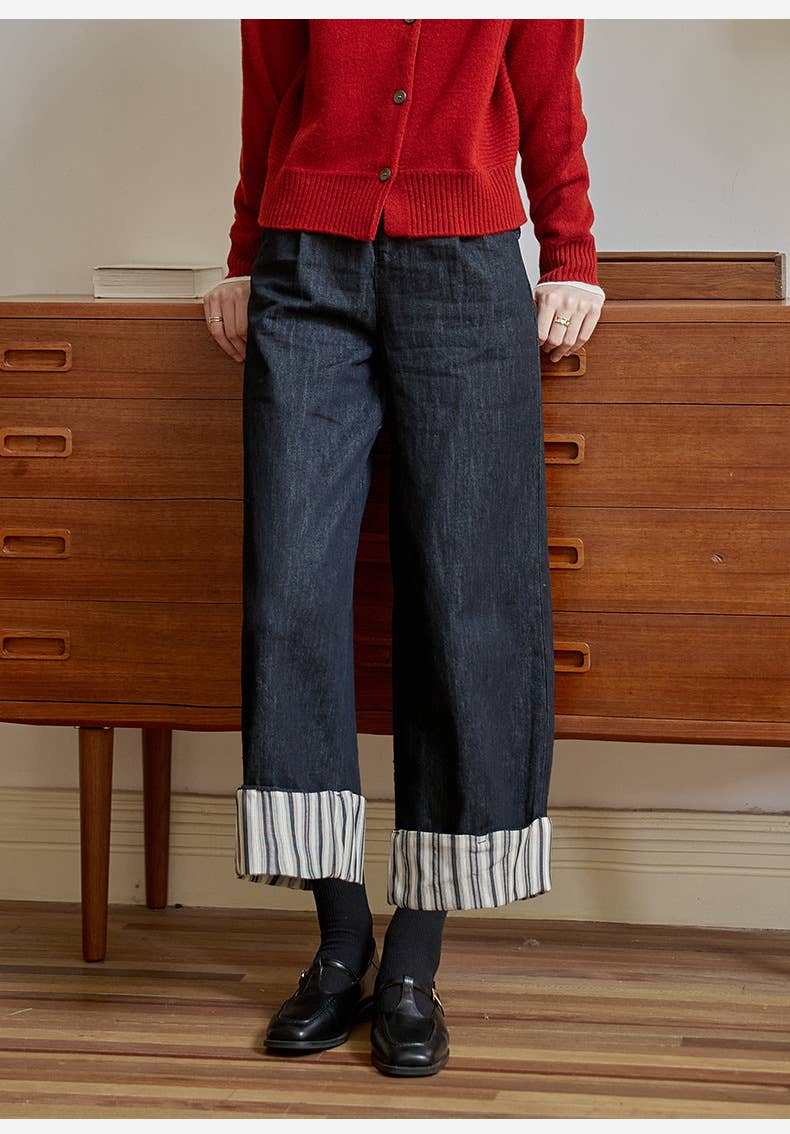 Straight-leg striped wide-leg jeans