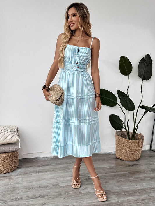 Square-neck lace-up sleeveless striped dress
