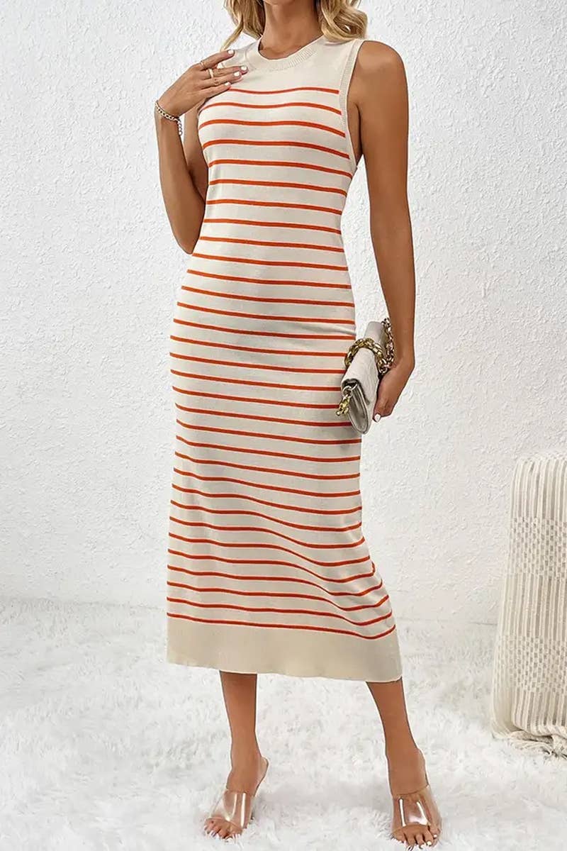 CWDMD4848_SPRING AND SUMMER SLIM STRIPED FASHION DRESS