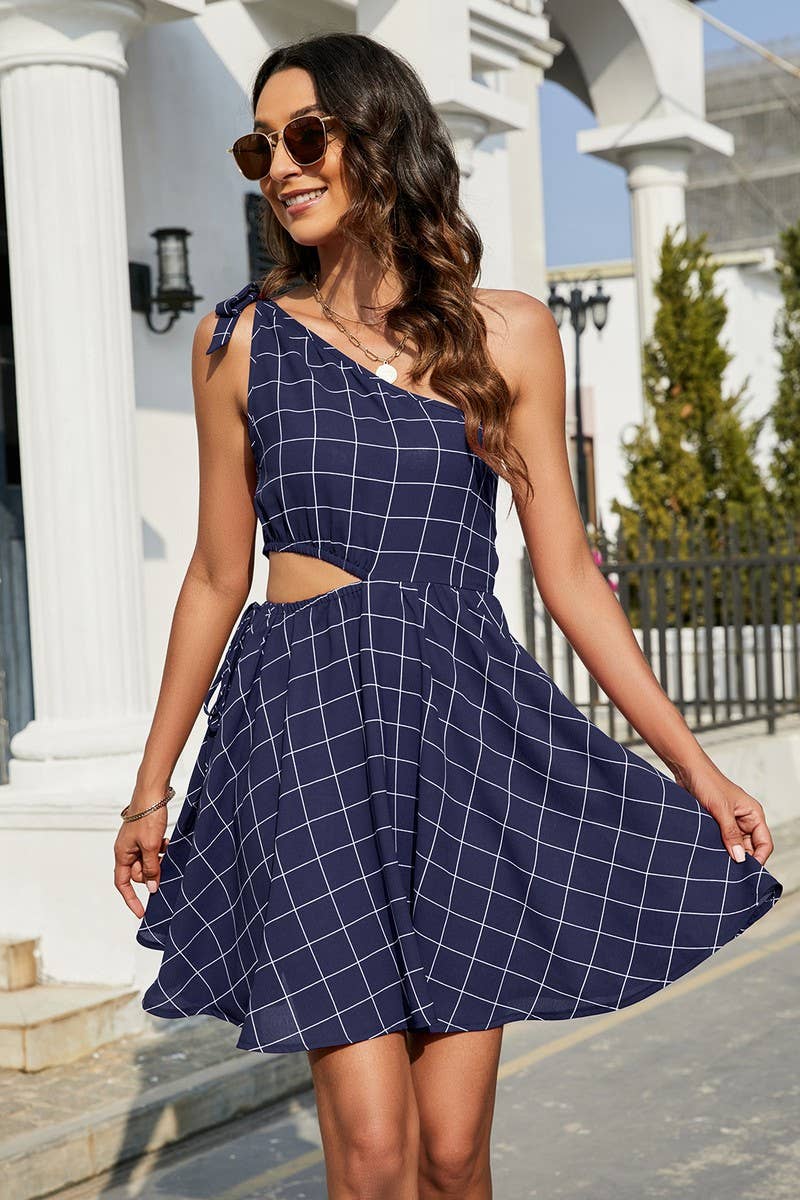 CWDSD2707_One Shoulder Tied Tiered Detailed Plaid Dress