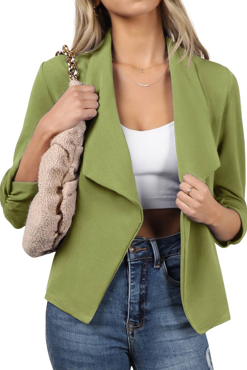 CWOBL091_Casual Work Ruched 3/4 Slv Open Front Blazer Jacket