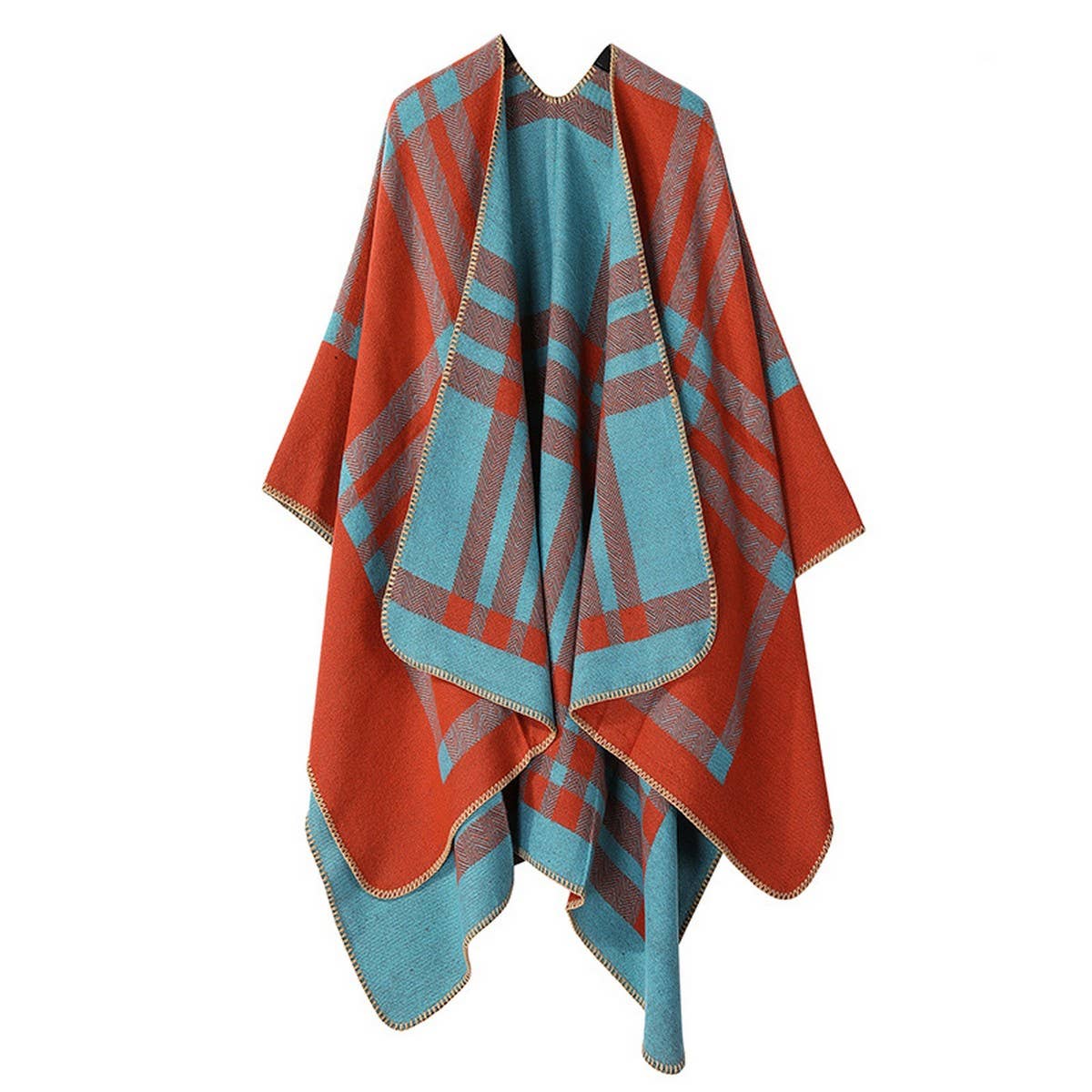 KNITTED WOOL PLAID LARGE SHAWL SCARF CLOAK