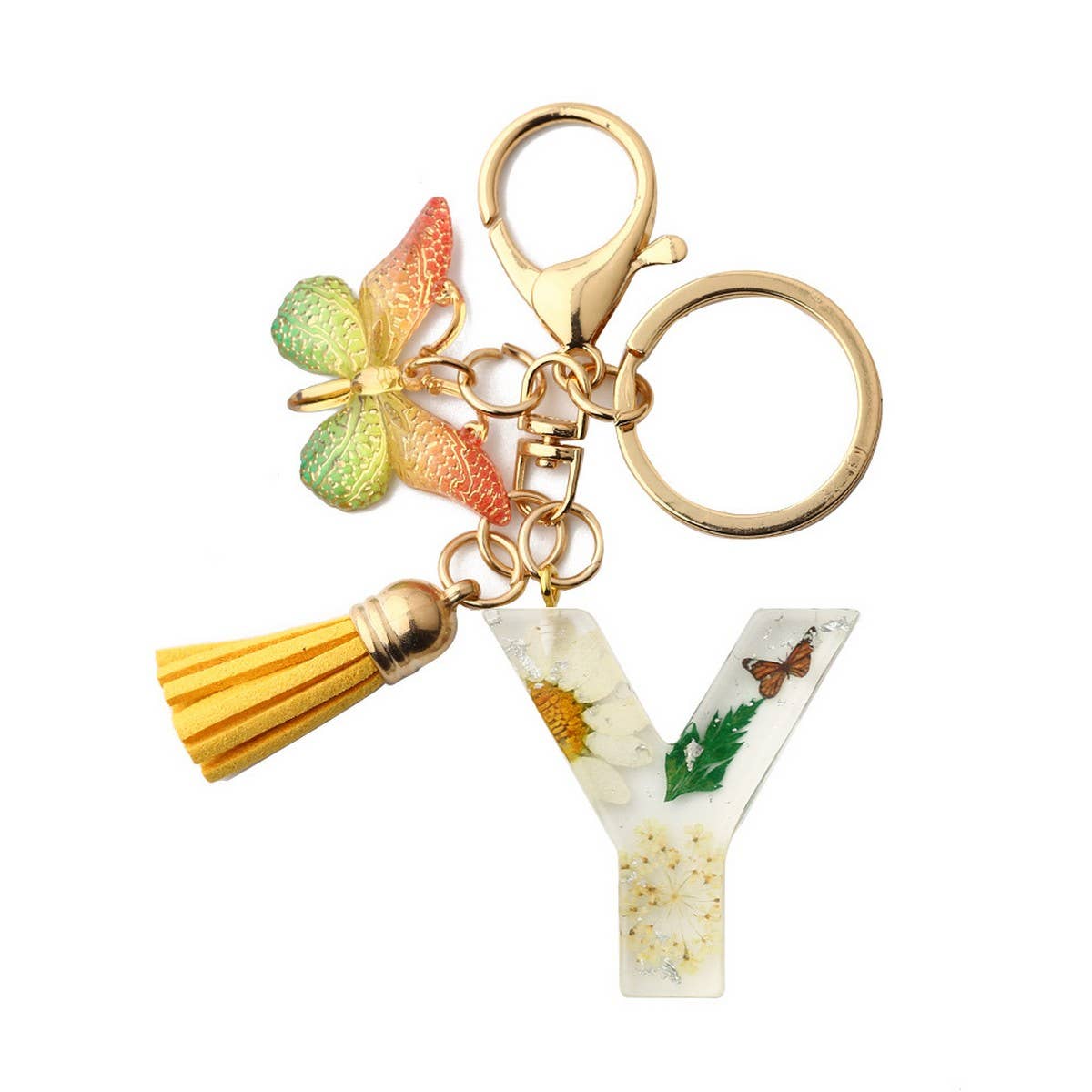 Flower Letter Keychain with Yellow Butterfly Charm_CWAB5090