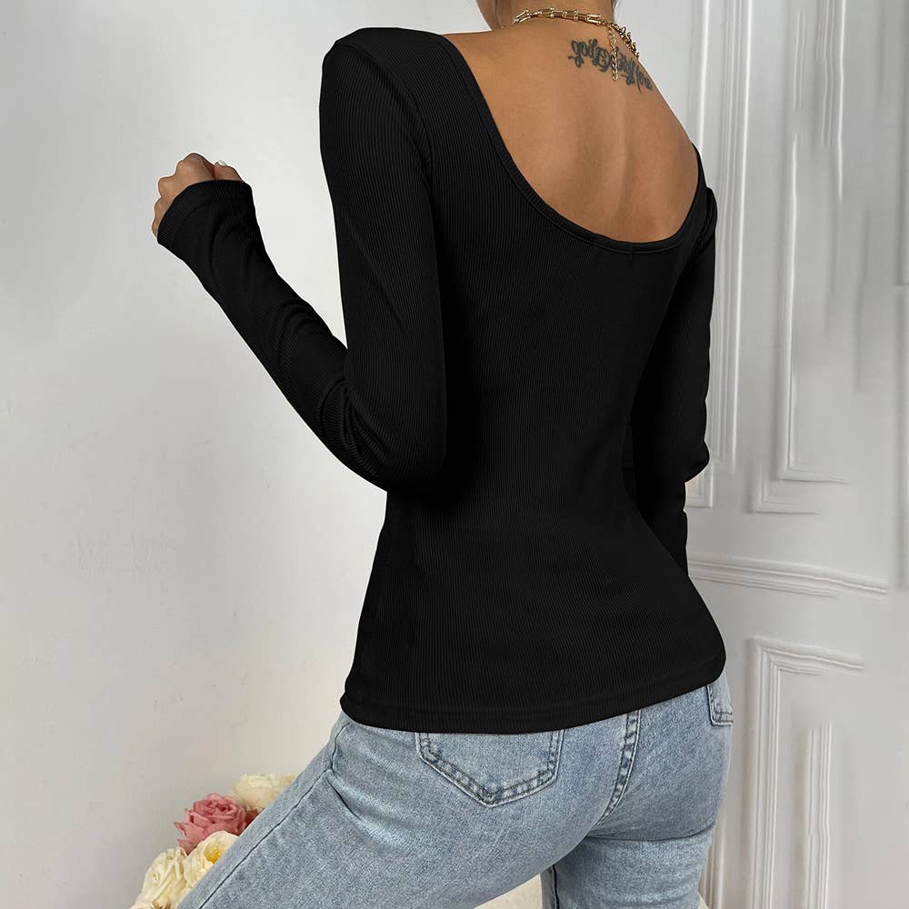 SLIM-FIT WAIST NECK KNITTED LONG SLEEVE T-SHIRT