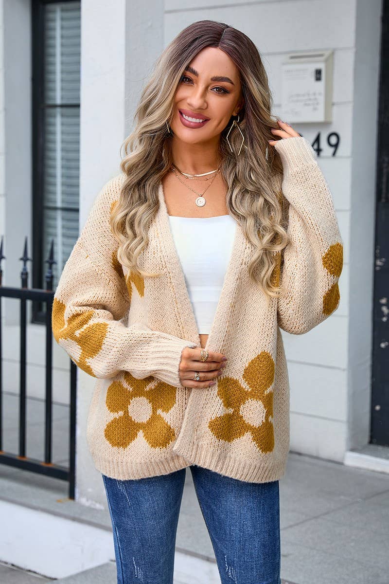 CWOCAL0917_FLORAL PRINT LOOSE KNIT CARDIGAN