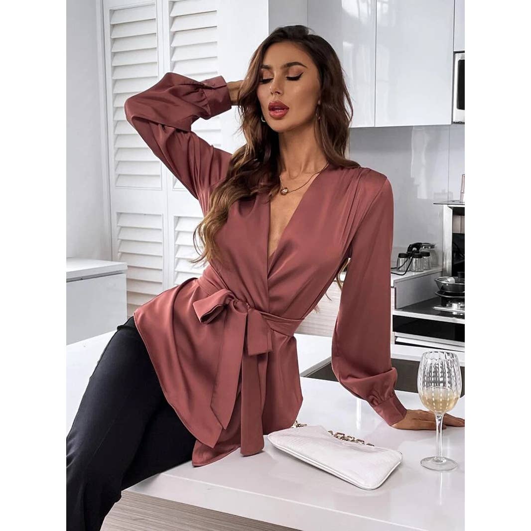 V-NECK SOLID COLOR BELTED ASYMMETRICAL HEM SHIRT