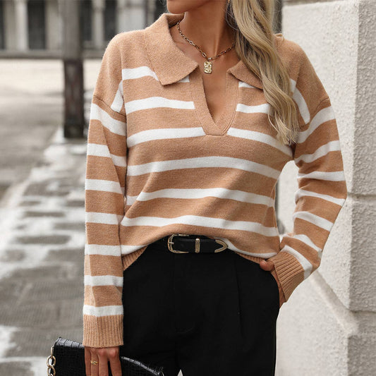 Patchwork Striped Lapel Loose Knit Sweater