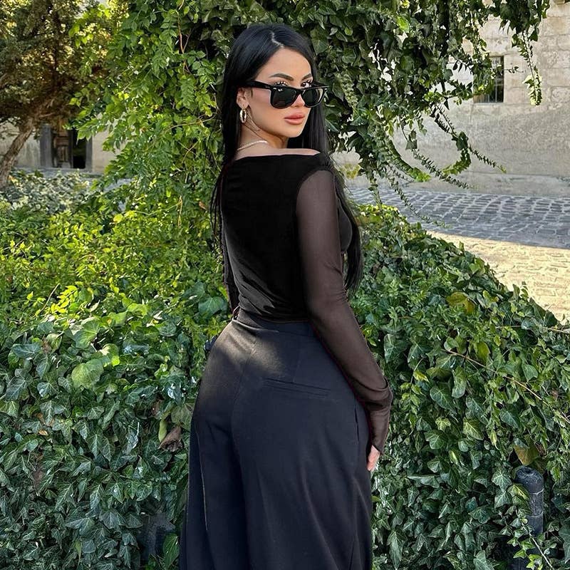 ELEGANT SLIM SLANT SHOULDER MESH SLEEVE TOP