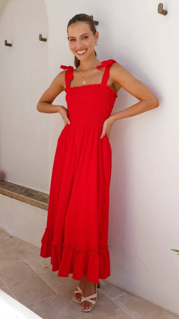 Simple solid-color long halter dress