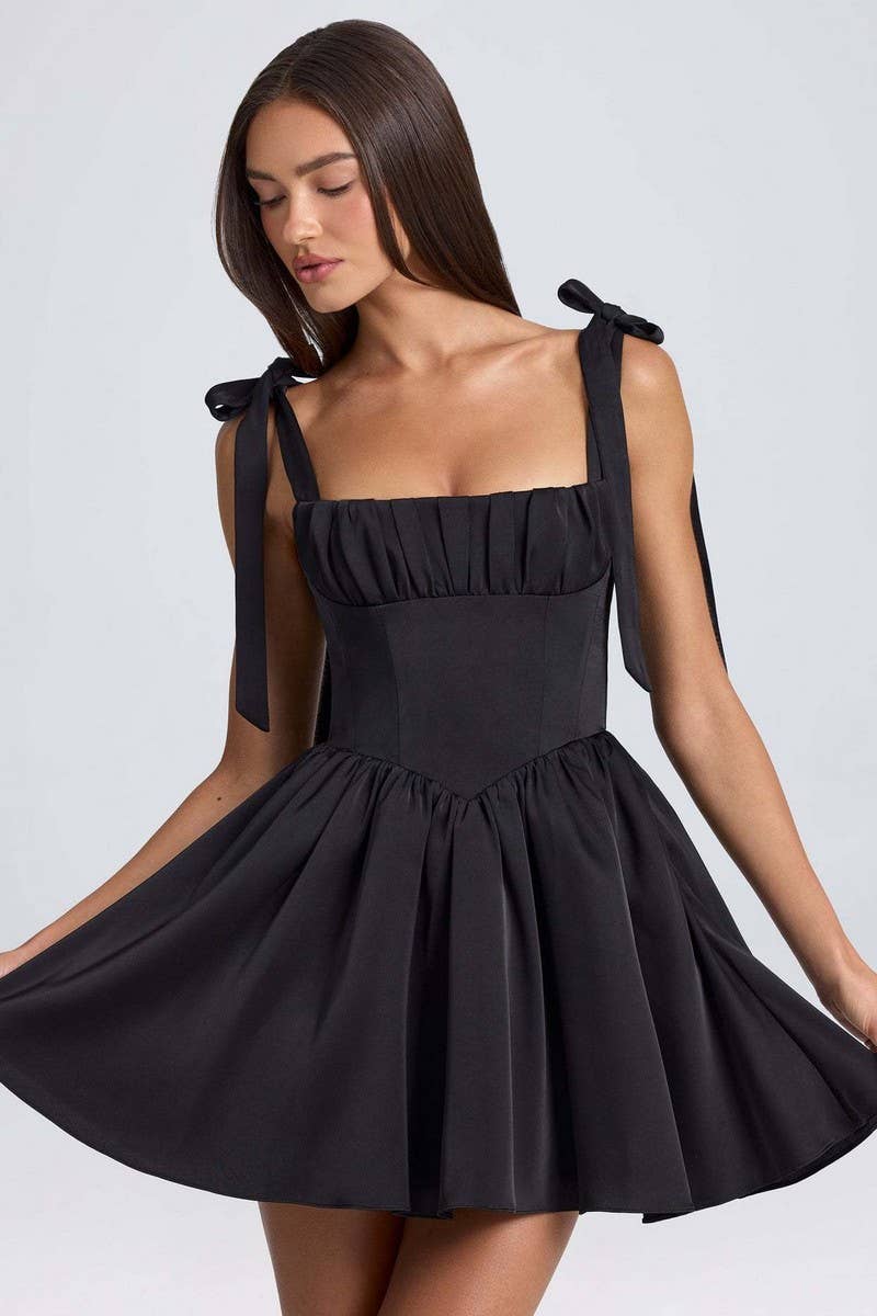 CWDSD8121_SQUARE NECK HIGH WAIST PLEATED BOW SLIP DRESS