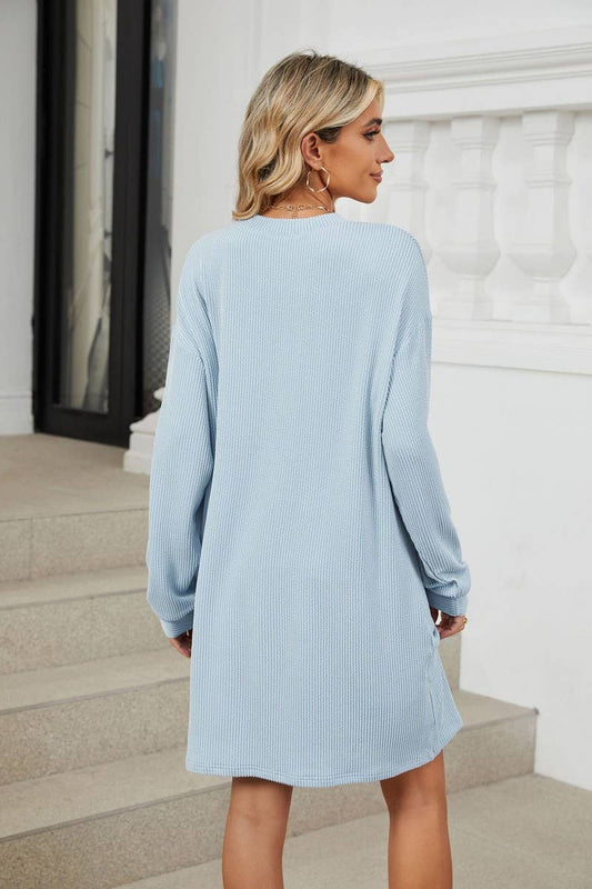 CWDSD5995_ROUND NECK POCKET LOOSE LONG SLEEVE DRESS