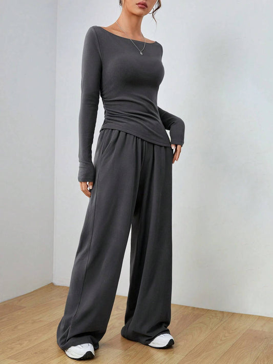 Solid-color long-sleeved wide-leg long pants set