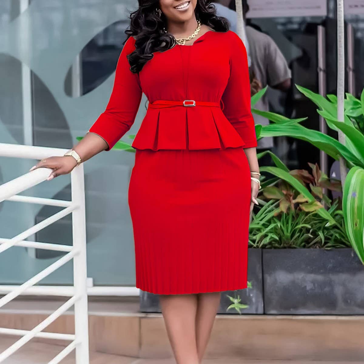 V-NECK RUFFLED HIGH WAIST SLIM COMMUTER DRESS