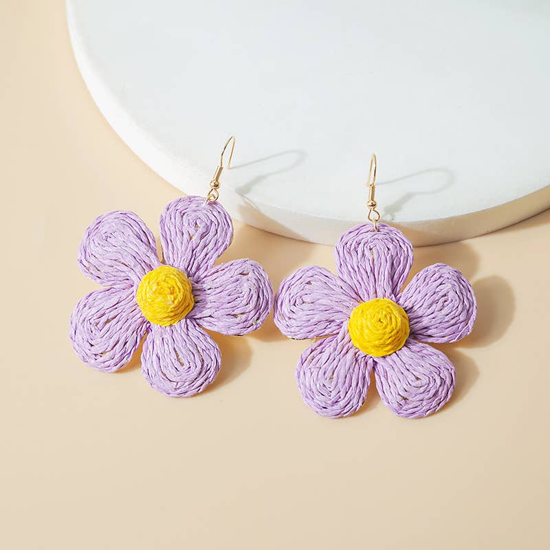 Woven raffia grass exaggerated flower earrings