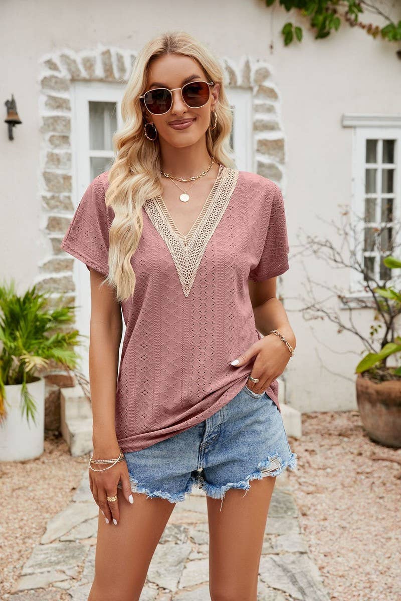 Cwtts00712_Summer V-Neck Contrasting Hollow Top