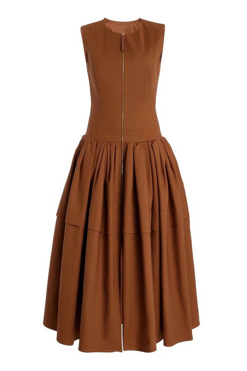 CWDMD6321_ZIP-FRONT HIGH WAIST TIERED SLEEVELESS DRESS