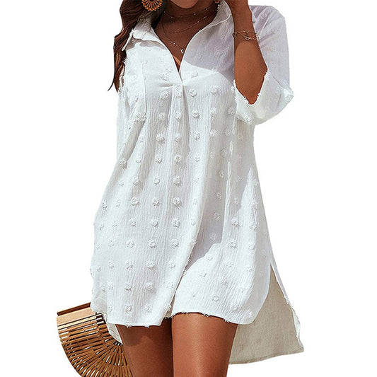 JACQUARD LONG SLIT T-SHIRT SHORT SLEEVE TOP