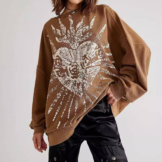 American retro printed loose round-neck hoodie