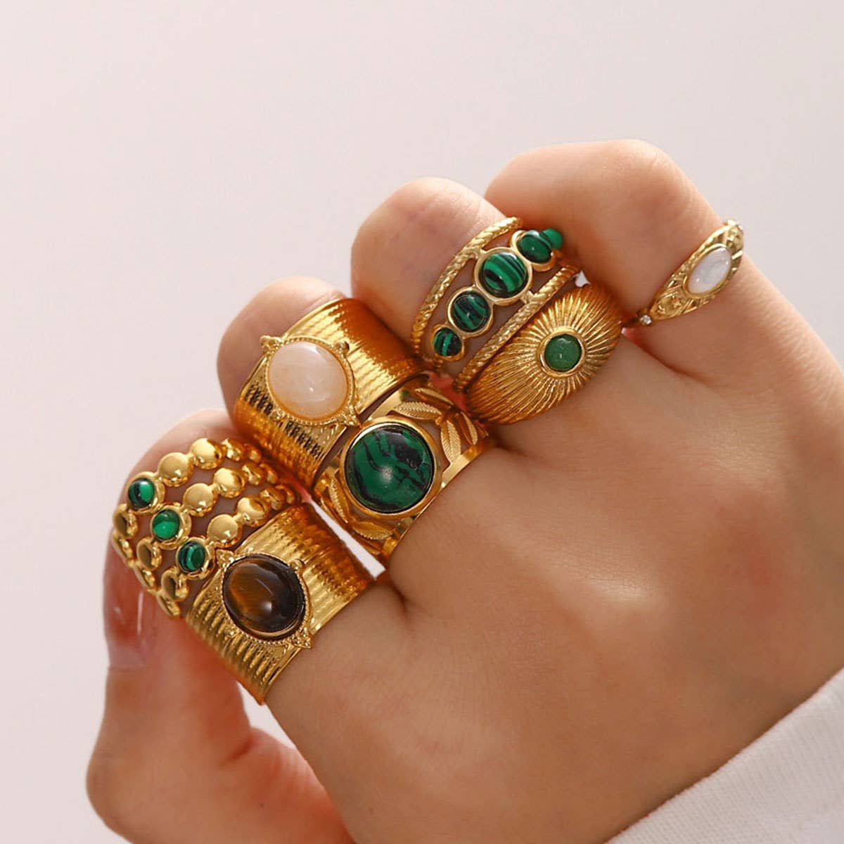 GOLD STAINLESS STEEL INLAID NATURAL STONE RINGS