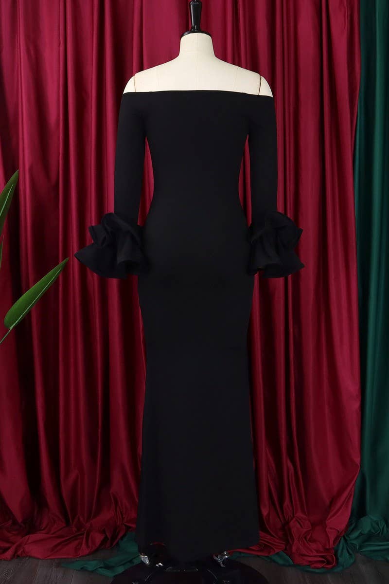 CWDMD1729_ONE SHOULDER SLIT RUFFLE SLEEVE EVENING MAXI DRESS