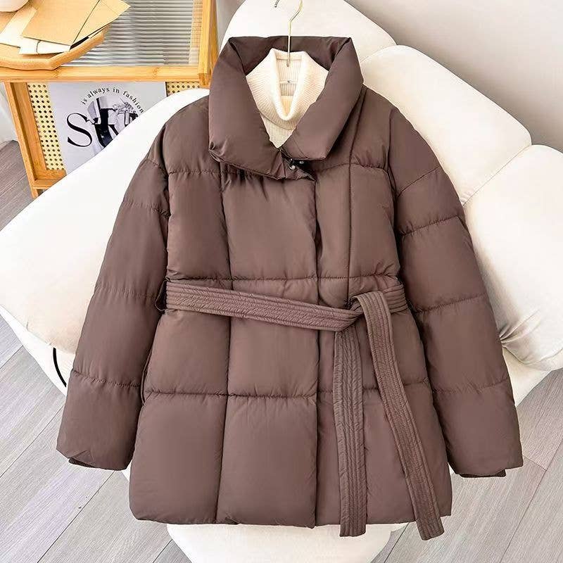 Stand collar cotton pure color tie - up jacket
