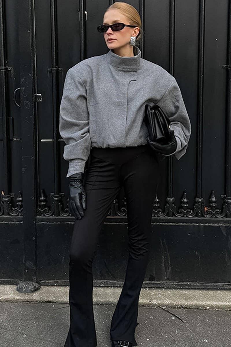 CWOCO1115_GREY SHORT WOOLEN COAT WITH SMALL STAND COLLAR