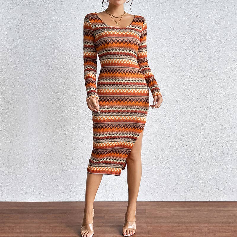 STYLISH WAVY COLOR STRIPED SLIM LONGSLEEVED DRESS