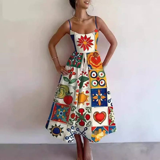 Fashion printed cinched waist,large halter dress