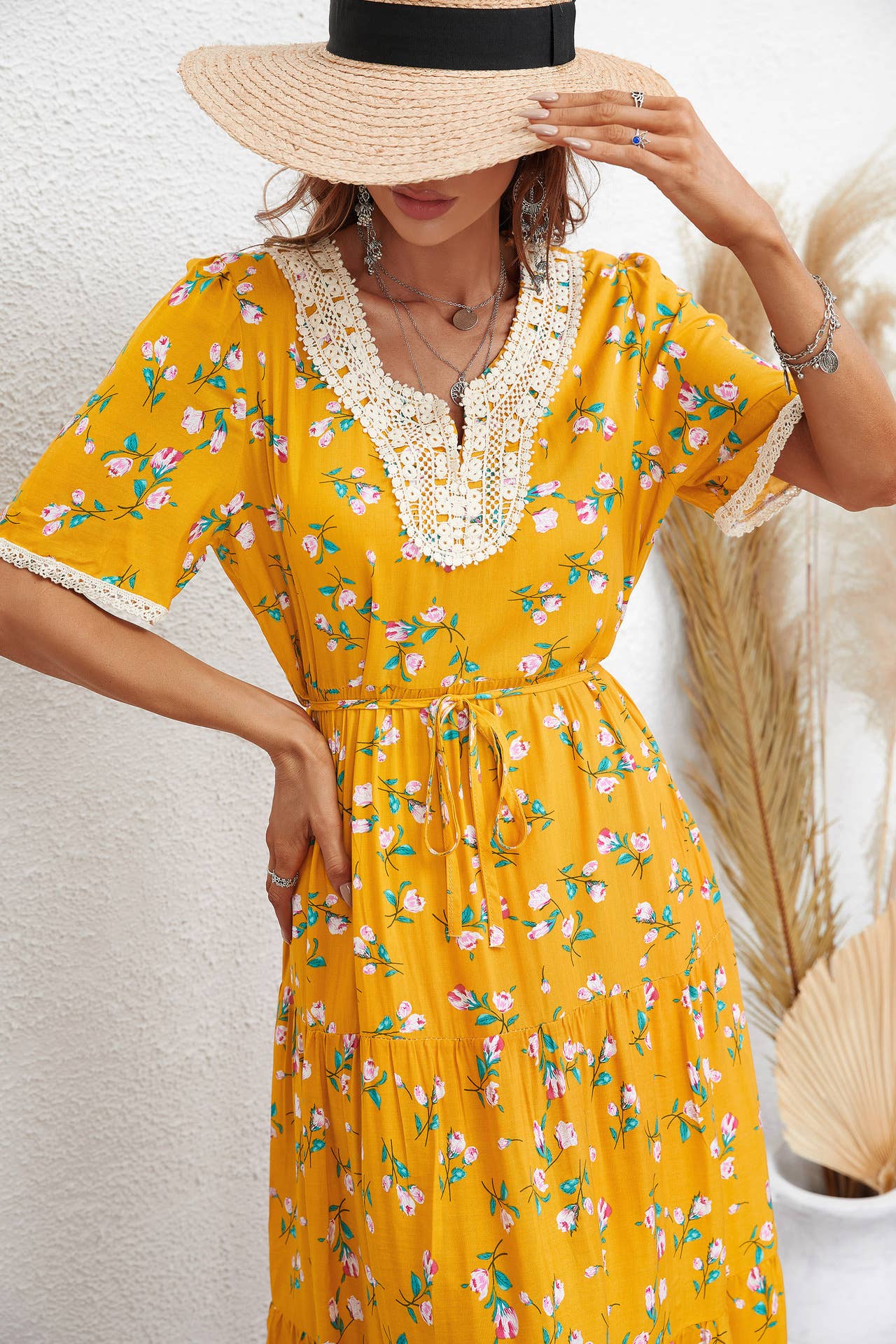 FASHION FLORAL V-NECK SHORT-SLEEVED DRESS