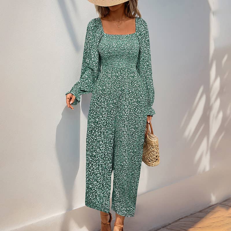 SQUARE NECK LONG SLEEVE FLORAL JUMPSUIT