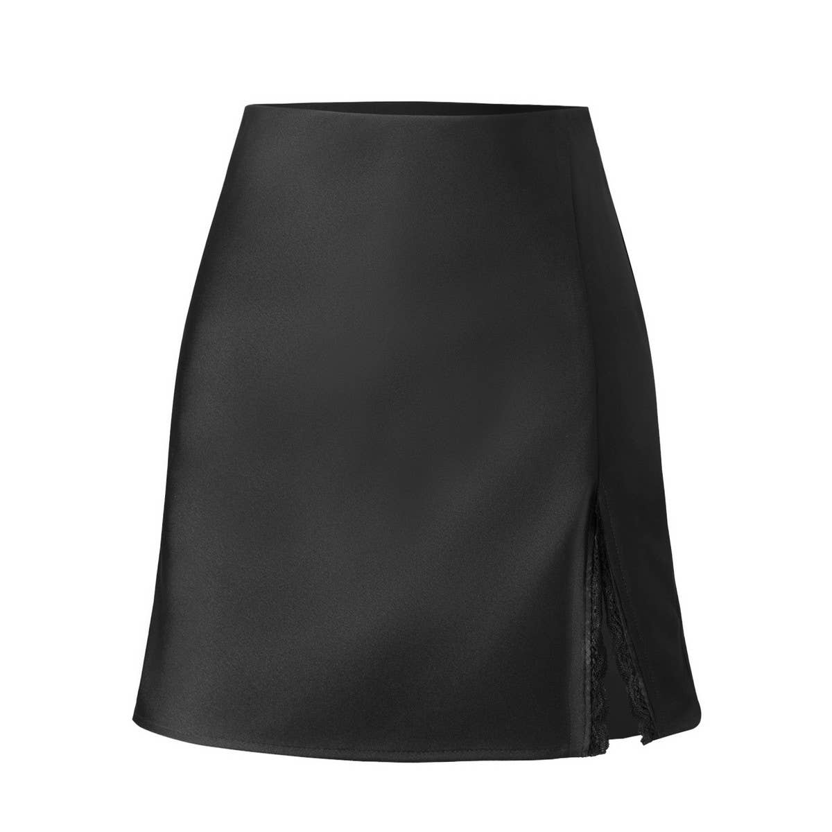 SATIN SKIRT LACE SLIT HIGH WAISTELASTIC SHORTSKIRT
