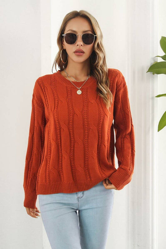 Cwoswl4083_Cable Knitted Long Sleeves Crewneck Sweater