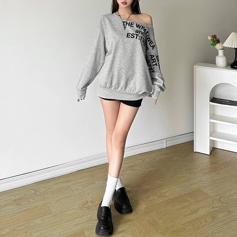 SLANT SHOULDER LETTER-PRINT LOOSE PULLOVER HOODIE