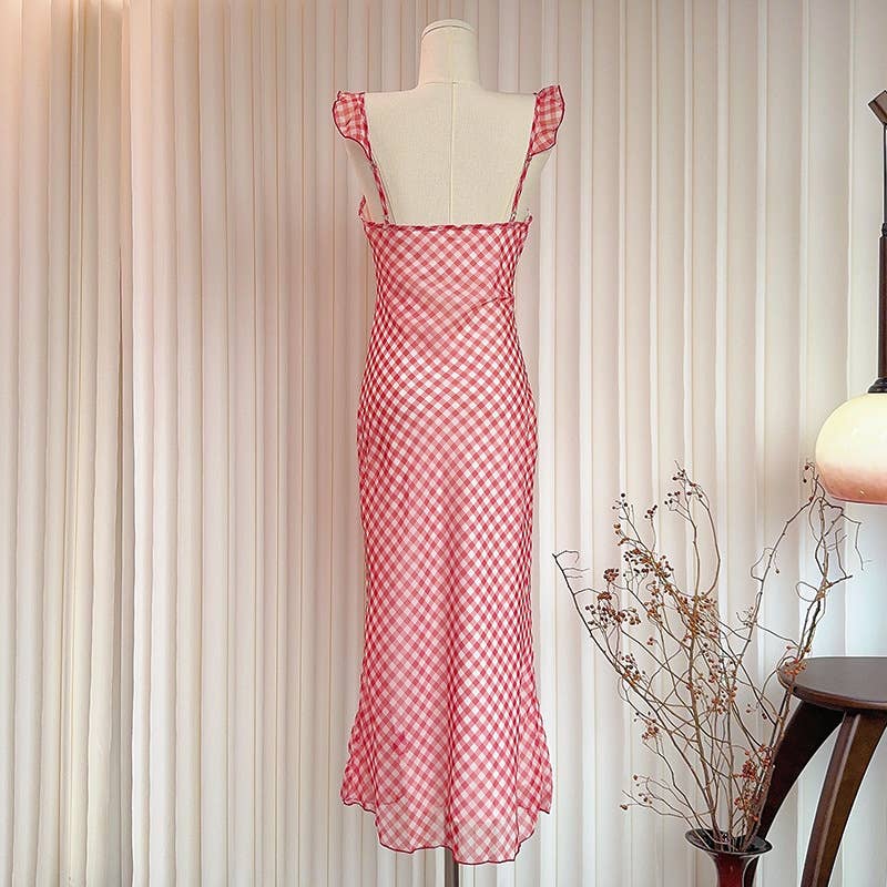 Retro tea break vacation checkered halter dress