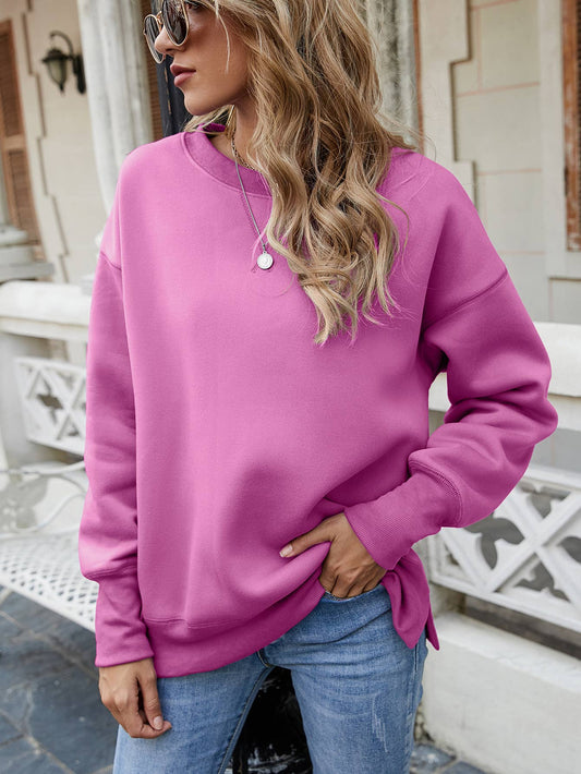 ROUND NECK PULLOVER FLEECE HOODIE WITH SPLIT DOWN