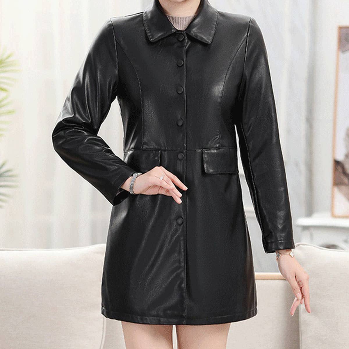 Slim Fit Mid-Length PU Jacket ??Leather Coat_CWMM9022