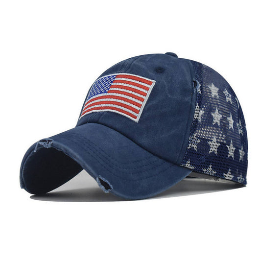 Washed Cotton Distressed Star US Flag Ponytail Cap CWAH1379