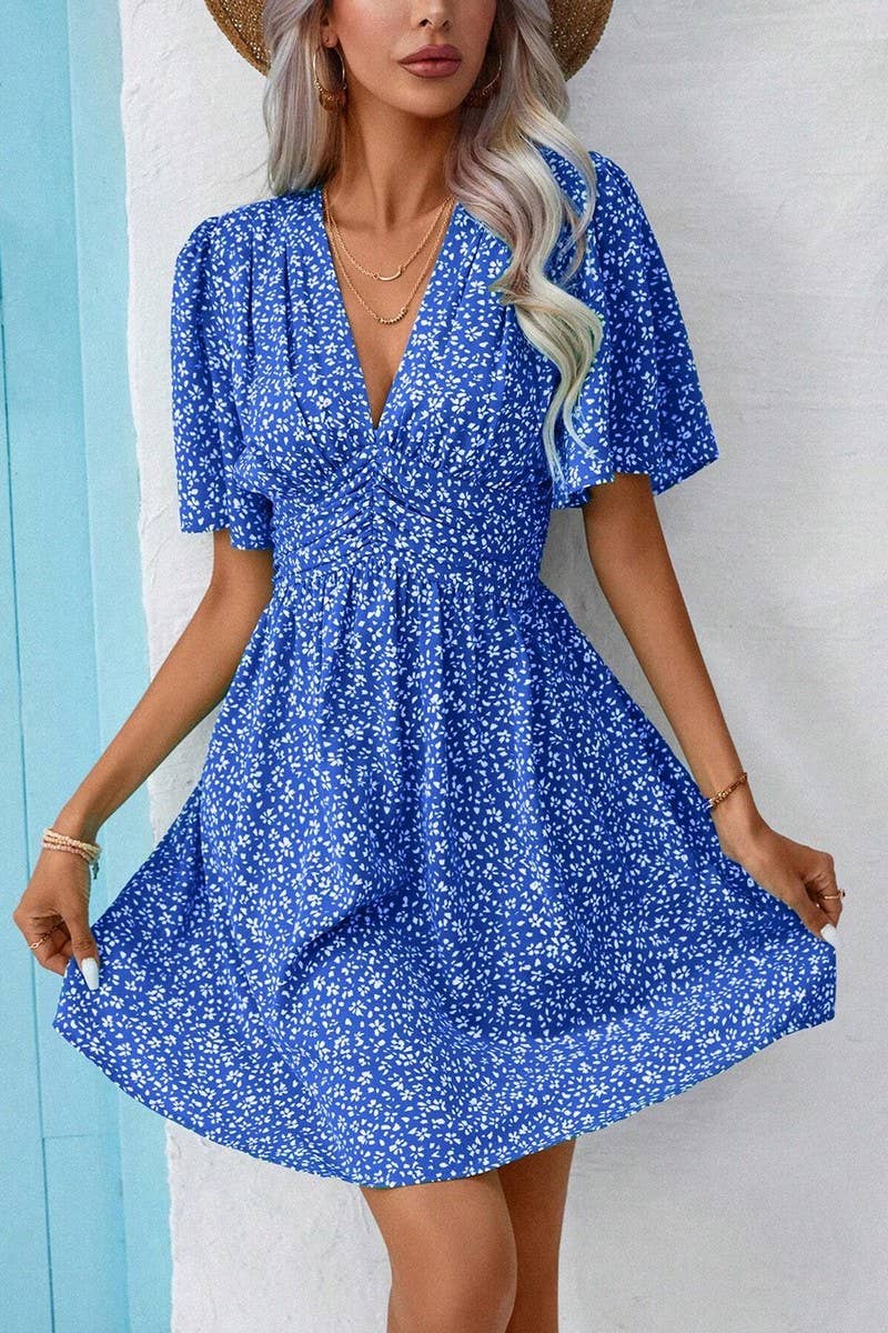 CWDSD7524_SUMMER V-NECK HIGH WAIST FLORAL PLEATED DRESS