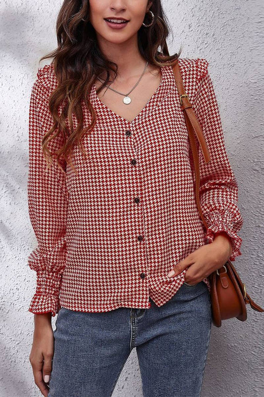 Cwttl1394_V-Neck Casual Long Sleeve Print Top