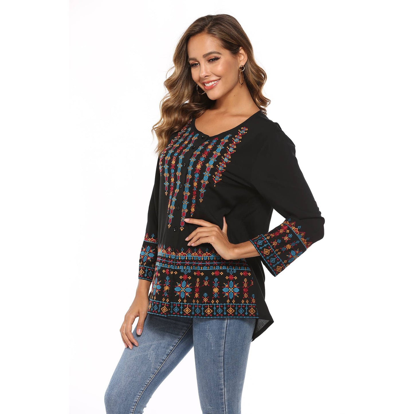 Ethnic embroidered three-quarter sleeve top