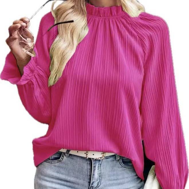 Solid-colored lotus leaf collar long-sleeved top