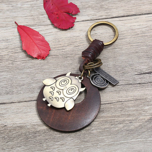 VINTAGE CREATIVE OWL PENDANT COWHIDE KEYCHAIN