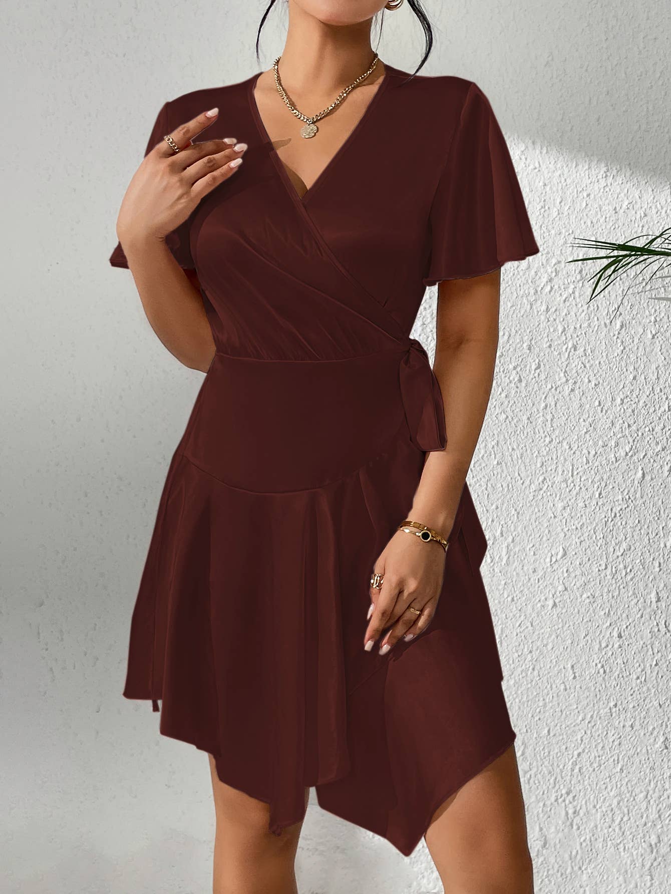 Satin V-neck solid color mid-length dress