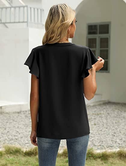 V-neck fly sleeve short sleeve solid color top