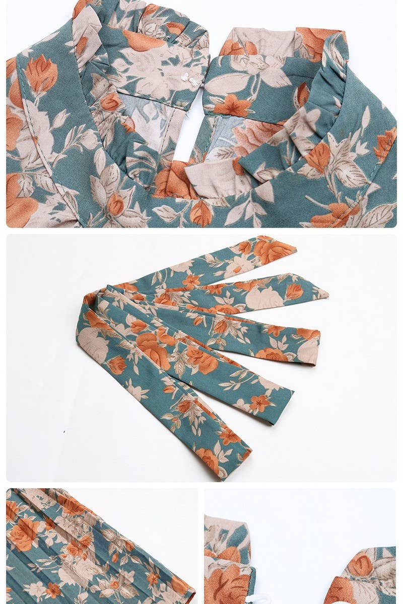 CWDMD3733_PRINTED LACE-UP PLEATED LONG DRESS